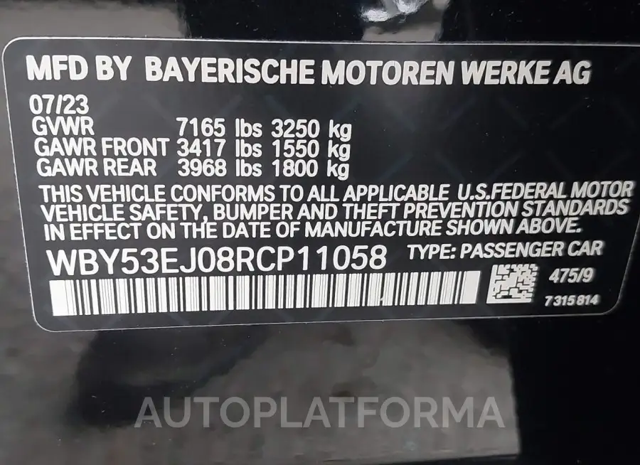 BMW I7 2024 vin WBY53EJ08RCP11058 from auto auction Iaai