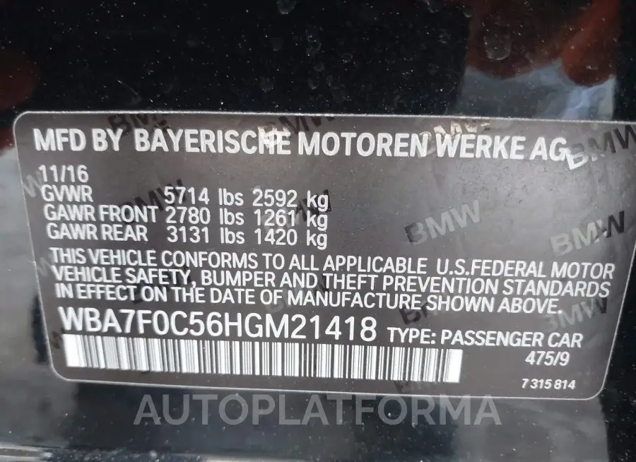 BMW 750I 2017 vin WBA7F0C56HGM21418 from auto auction Iaai