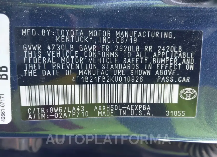 TOYOTA AVALON HYBRID 2019 vin 4T1B21FB2KU010926 from auto auction Iaai