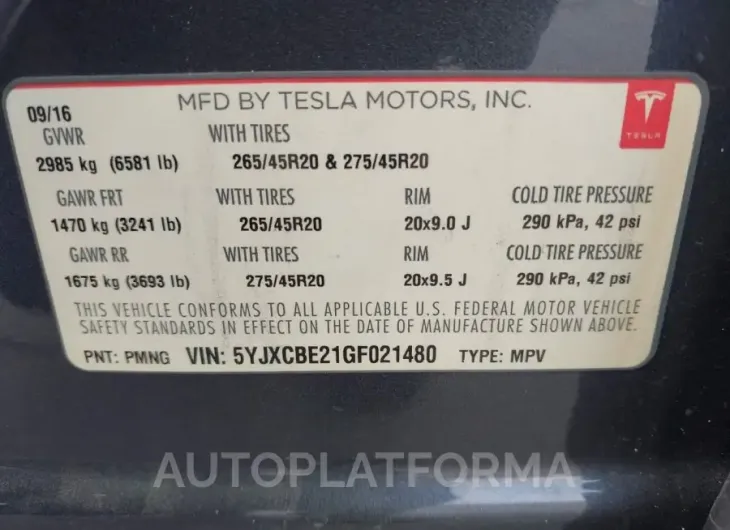 TESLA MODEL X 2016 vin 5YJXCBE21GF021480 from auto auction Iaai