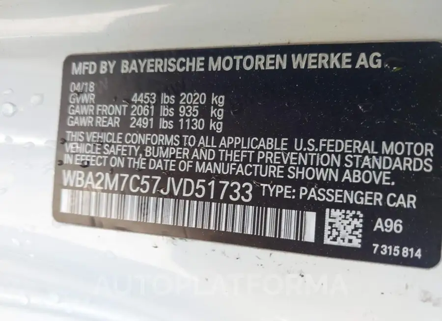 BMW 230I 2018 vin WBA2M7C57JVD51733 from auto auction Iaai