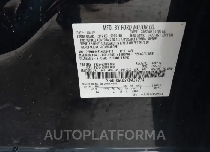 FORD FLEX 2019 vin 2FMHK6C82KBA34214 from auto auction Iaai