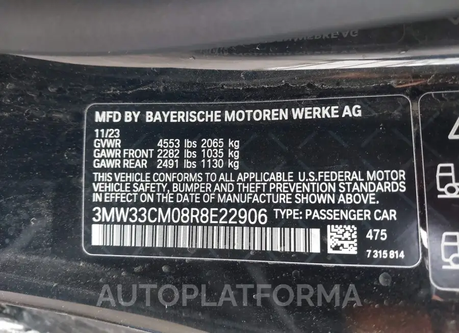 BMW 230 2024 vin 3MW33CM08R8E22906 from auto auction Iaai