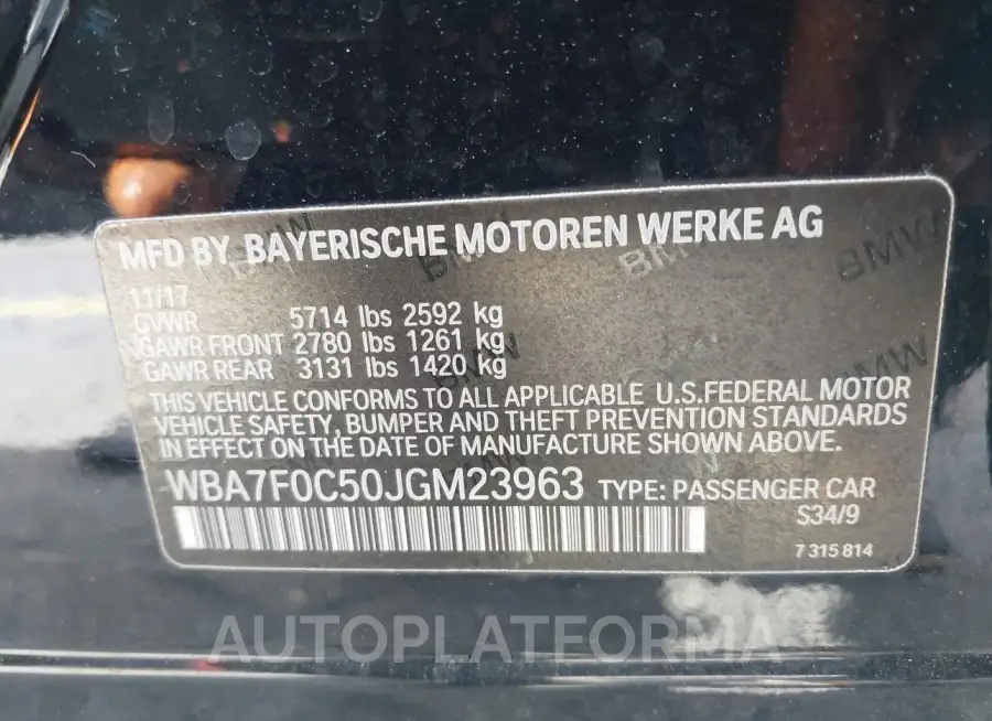 BMW 750I 2018 vin WBA7F0C50JGM23963 from auto auction Iaai