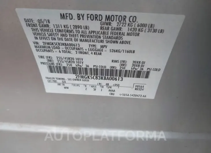 FORD FLEX 2019 vin 2FMGK5C83KBA00613 from auto auction Iaai