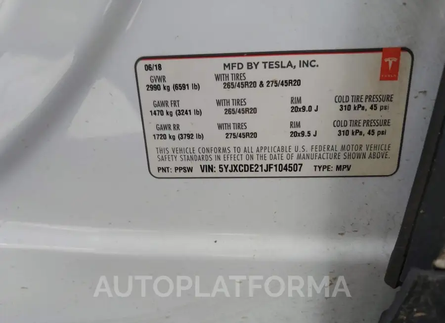 TESLA MODEL X 2018 vin 5YJXCDE21JF104507 from auto auction Iaai