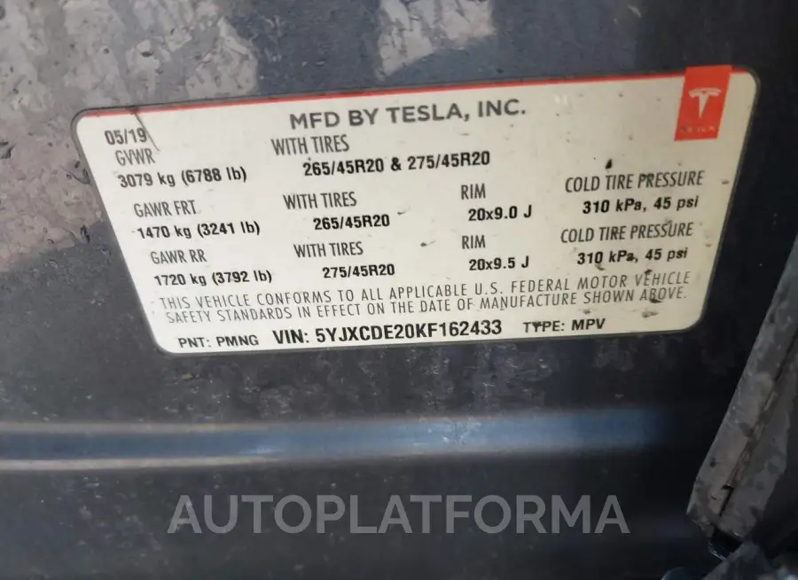 TESLA MODEL X 2019 vin 5YJXCDE20KF162433 from auto auction Iaai