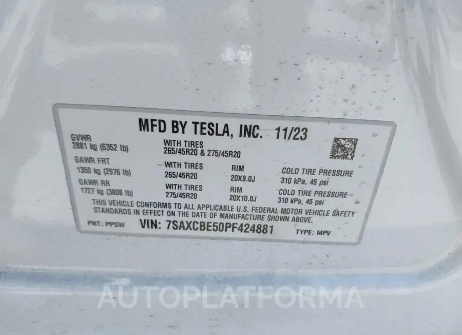 TESLA MODEL X 2023 vin 7SAXCBE50PF424881 from auto auction Iaai