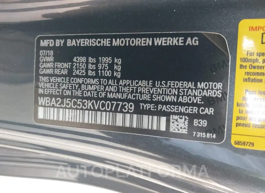 BMW M240I 2019 vin WBA2J5C53KVC07739 from auto auction Iaai