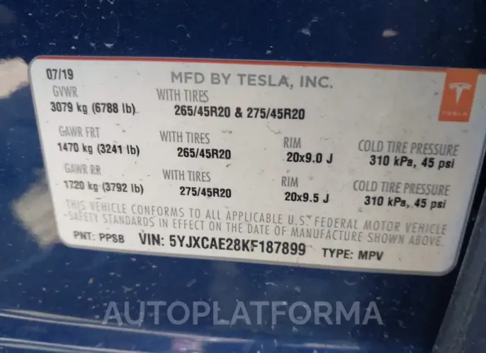 TESLA MODEL X 2019 vin 5YJXCAE28KF187899 from auto auction Iaai