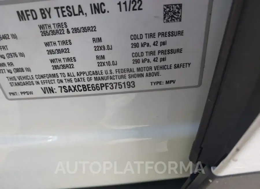 TESLA MODEL X 2023 vin 7SAXCBE66PF375193 from auto auction Iaai