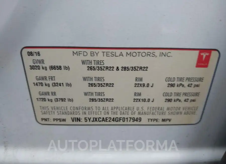 TESLA MODEL X 2016 vin 5YJXCAE24GF017949 from auto auction Iaai