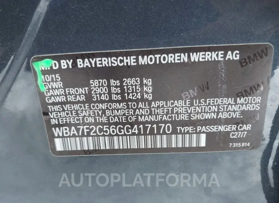 BMW 750I 2016 vin WBA7F2C56GG417170 from auto auction Iaai