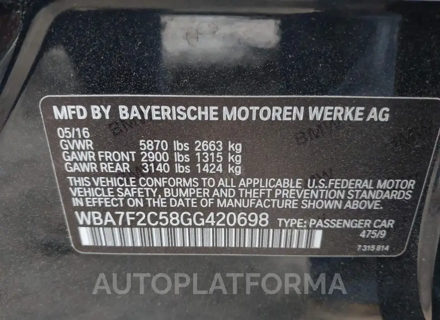 BMW 750I 2016 vin WBA7F2C58GG420698 from auto auction Iaai