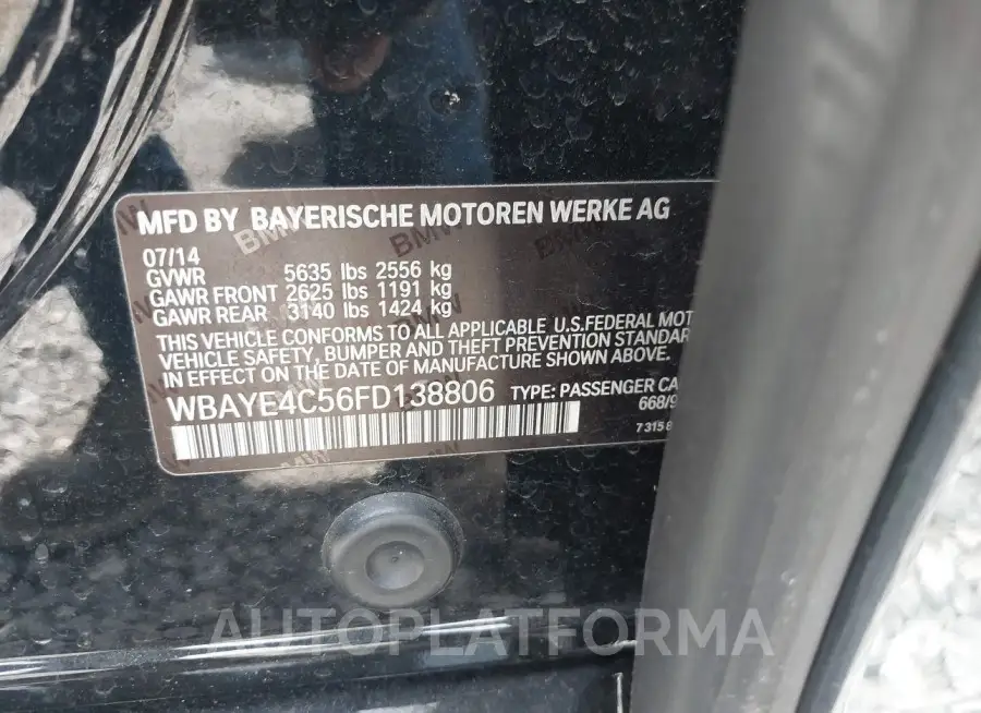 BMW 740LI 2015 vin WBAYE4C56FD138806 from auto auction Iaai