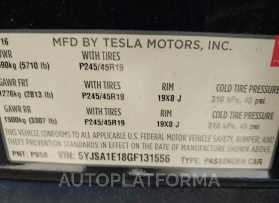 TESLA MODEL S 2016 vin 5YJSA1E18GF131556 from auto auction Iaai