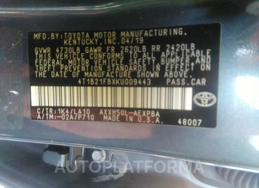 TOYOTA AVALON HYBRID 2019 vin 4T1B21FBXKU009443 from auto auction Iaai