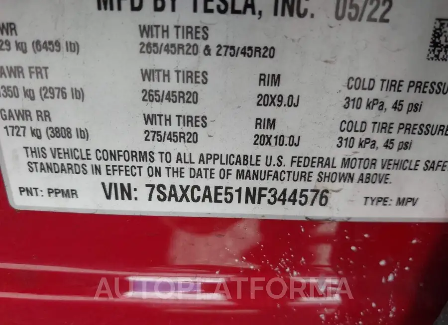 TESLA MODEL X 2022 vin 7SAXCAE51NF344576 from auto auction Iaai