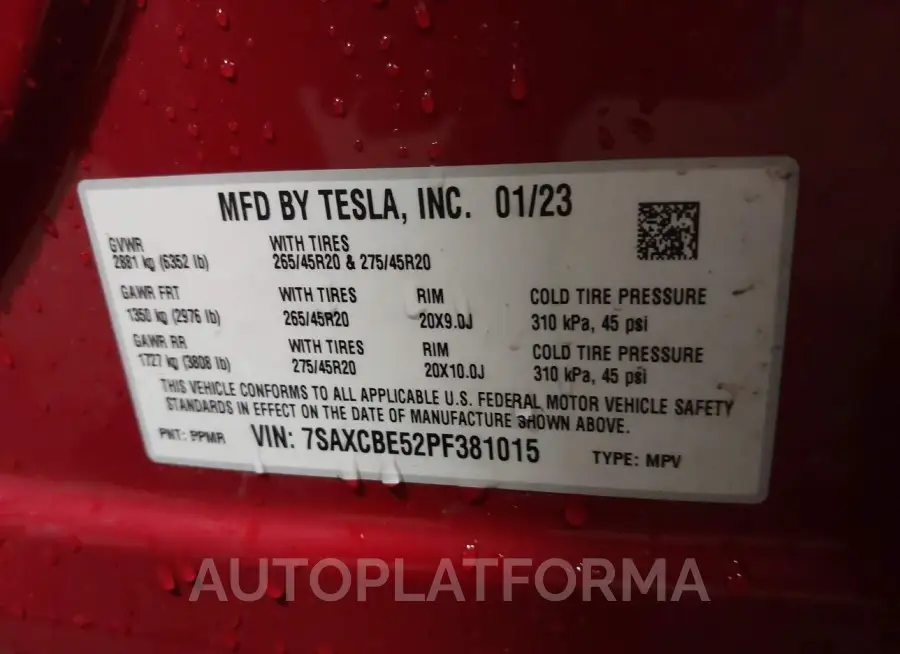 TESLA MODEL X 2023 vin 7SAXCBE52PF381015 from auto auction Iaai