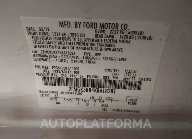 FORD FLEX 2019 vin 2FMGK5B84KBA18281 from auto auction Iaai