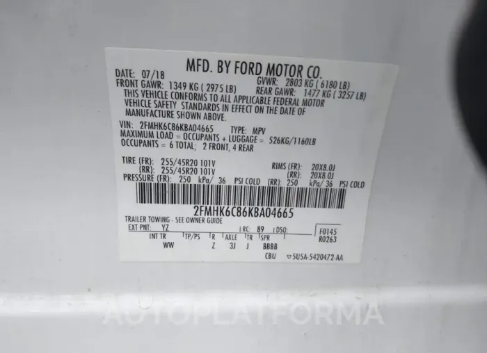 FORD FLEX 2019 vin 2FMHK6C86KBA04665 from auto auction Iaai