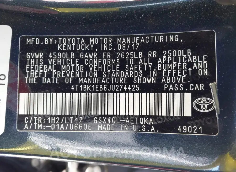 TOYOTA AVALON 2018 vin 4T1BK1EB6JU274425 from auto auction Iaai