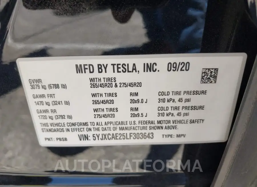 TESLA MODEL X 2020 vin 5YJXCAE25LF303643 from auto auction Iaai