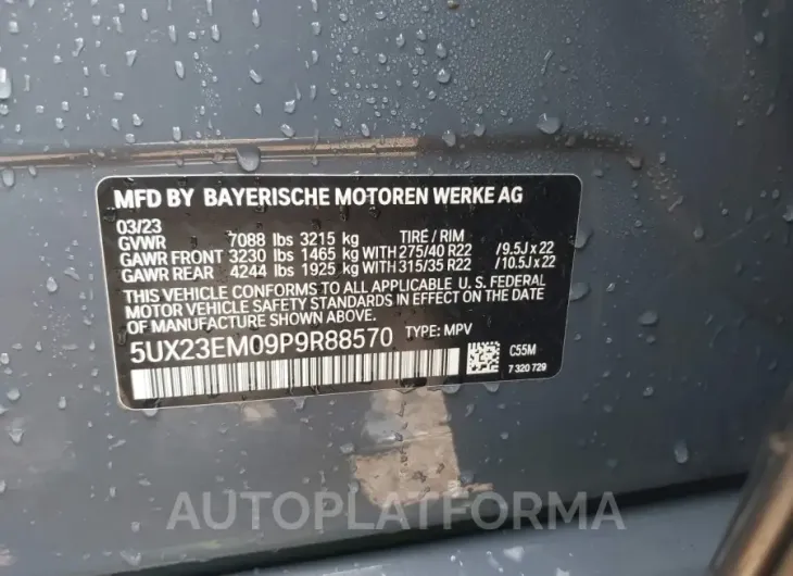 BMW X7 2023 vin 5UX23EM09P9R88570 from auto auction Iaai