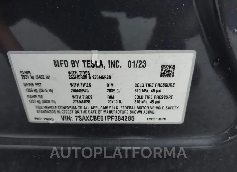 TESLA MODEL X 2023 vin 7SAXCBE61PF384285 from auto auction Iaai