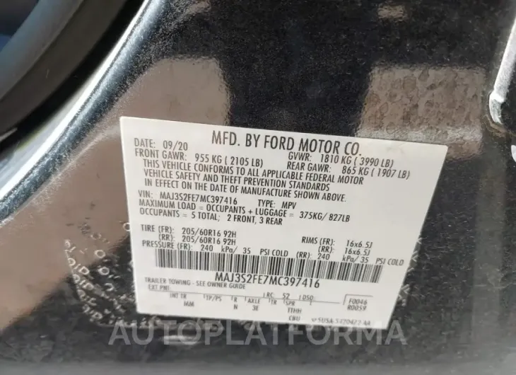 FORD ECOSPORT 2021 vin MAJ3S2FE7MC397416 from auto auction Iaai