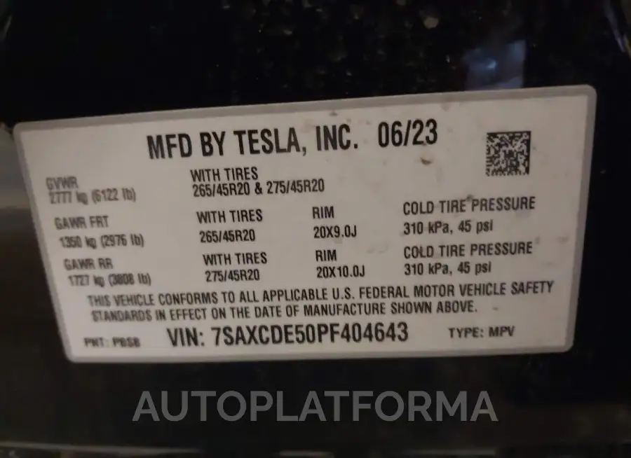 TESLA MODEL X 2023 vin 7SAXCDE50PF404643 from auto auction Iaai