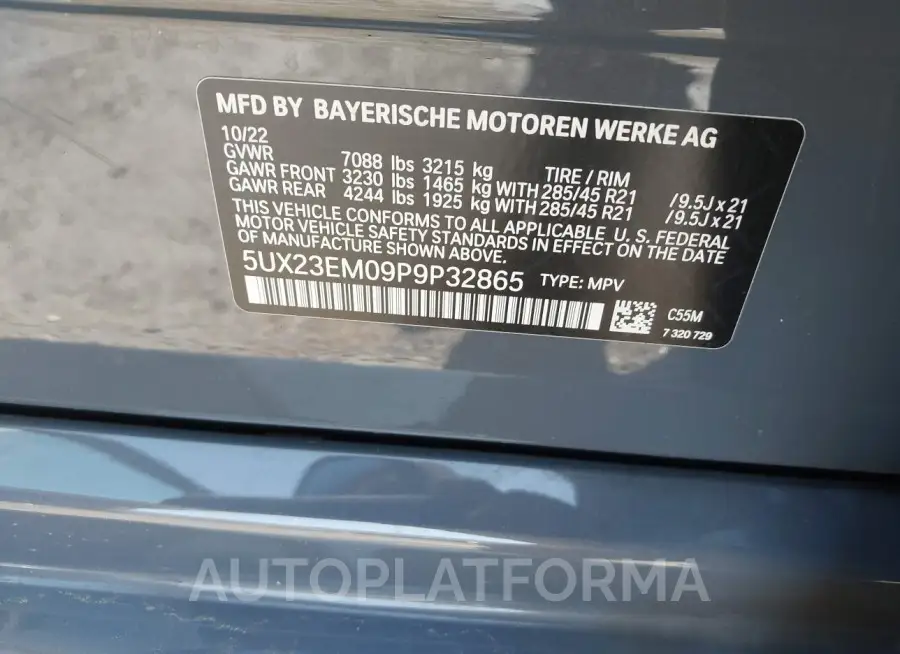 BMW X7 2023 vin 5UX23EM09P9P32865 from auto auction Iaai