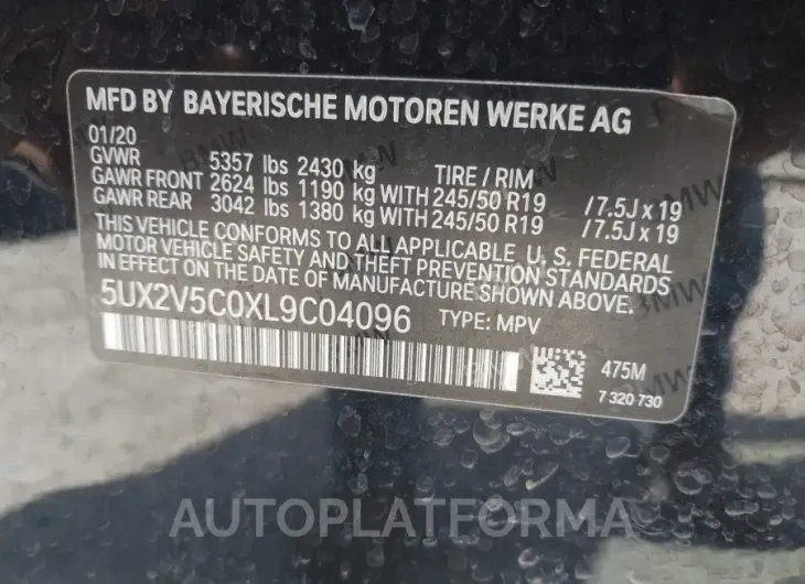 BMW X4 2020 vin 5UX2V5C0XL9C04096 from auto auction Iaai