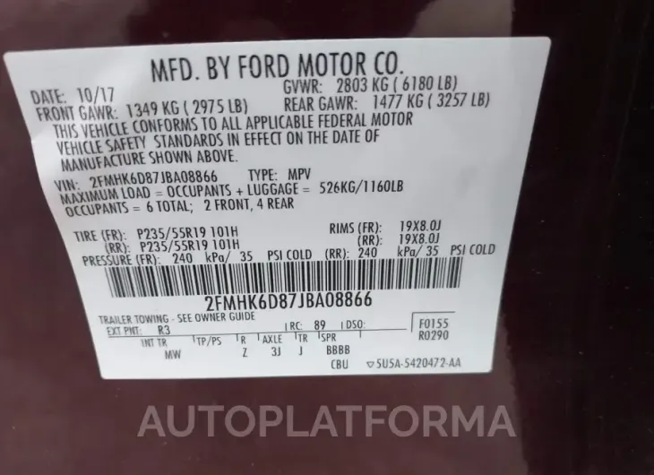 FORD FLEX 2018 vin 2FMHK6D87JBA08866 from auto auction Iaai