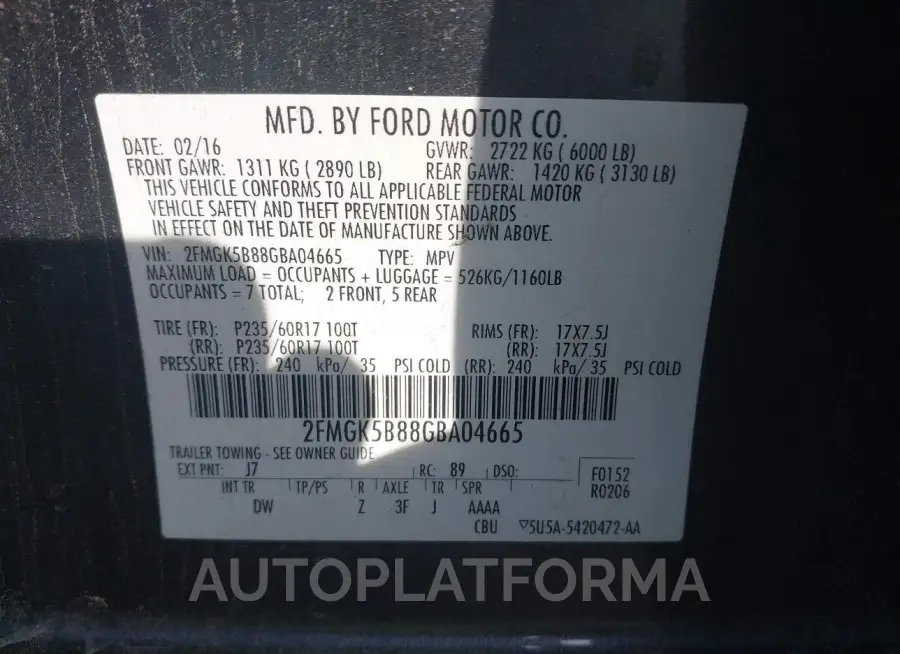 FORD FLEX 2016 vin 2FMGK5B88GBA04665 from auto auction Iaai