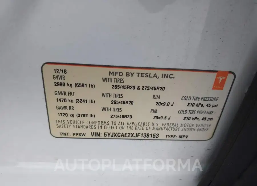 TESLA MODEL X 2018 vin 5YJXCAE2XJF138153 from auto auction Iaai