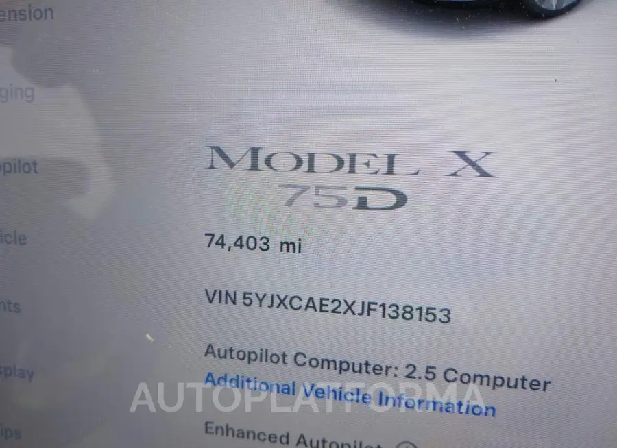 TESLA MODEL X 2018 vin 5YJXCAE2XJF138153 from auto auction Iaai