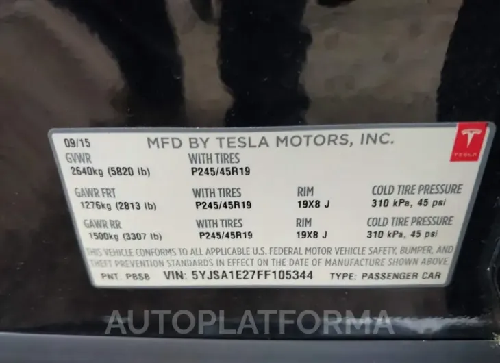 TESLA MODEL S 2015 vin 5YJSA1E27FF105344 from auto auction Iaai