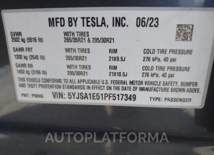 TESLA MODEL S 2023 vin 5YJSA1E51PF517349 from auto auction Iaai