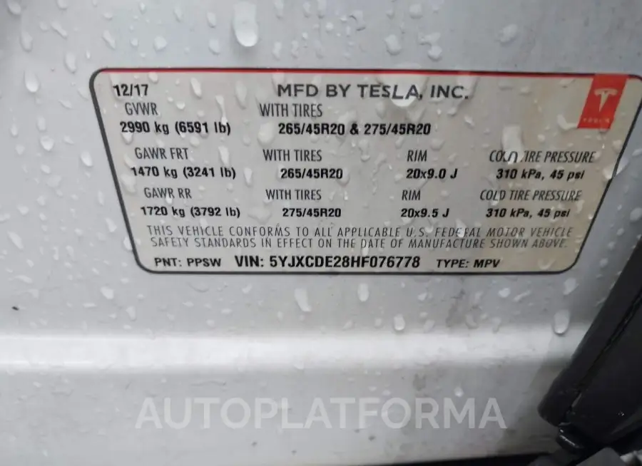 TESLA MODEL X 2017 vin 5YJXCDE28HF076778 from auto auction Iaai