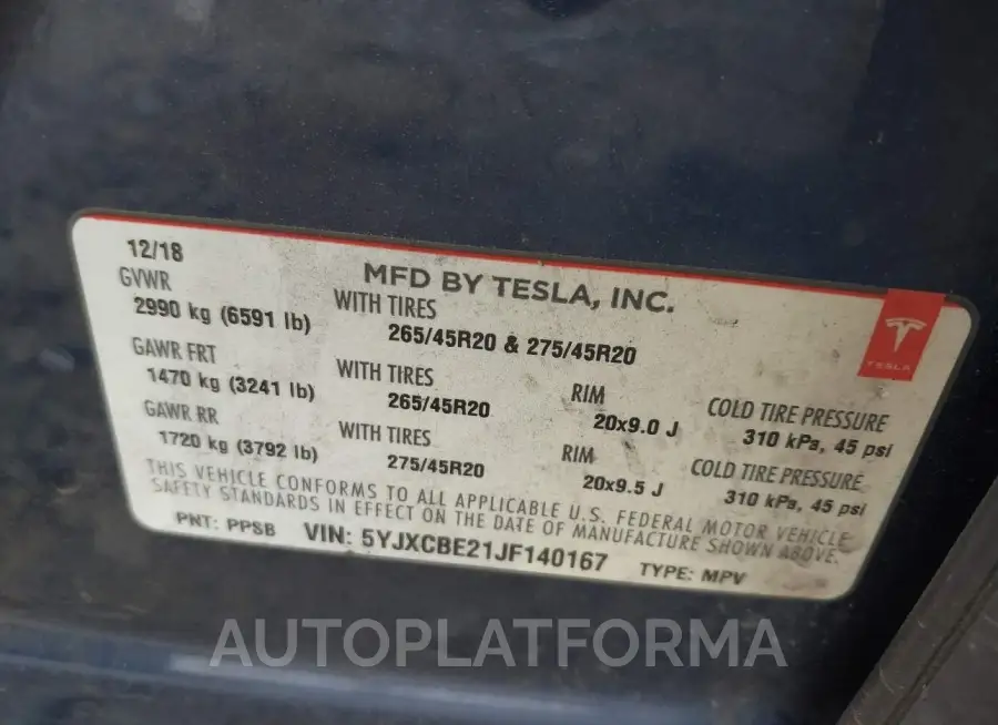 TESLA MODEL X 2018 vin 5YJXCBE21JF140167 from auto auction Iaai