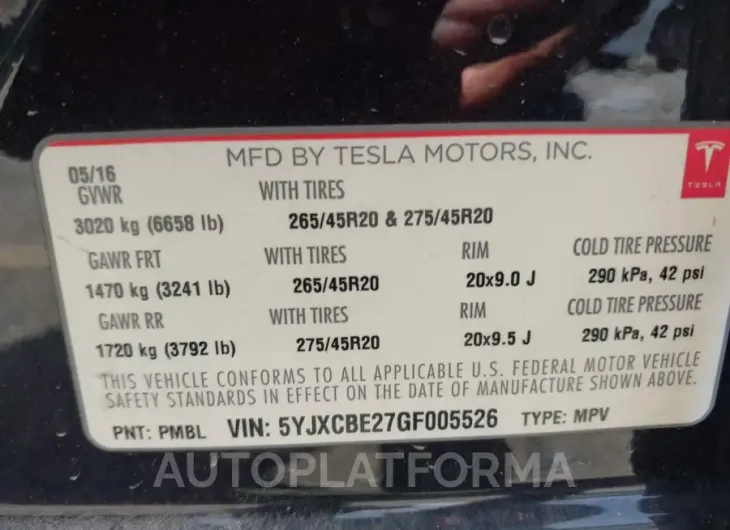 TESLA MODEL X 2016 vin 5YJXCBE27GF005526 from auto auction Iaai