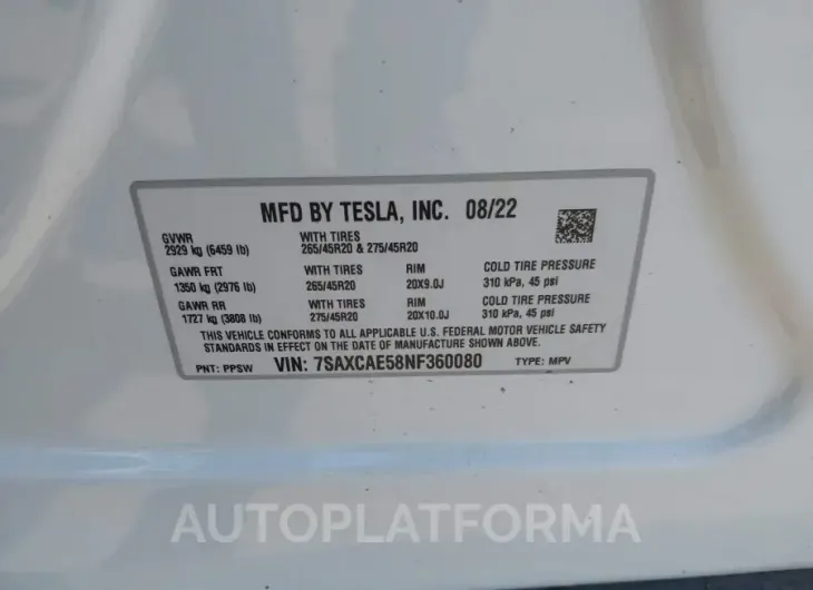 TESLA MODEL X 2022 vin 7SAXCAE58NF360080 from auto auction Iaai