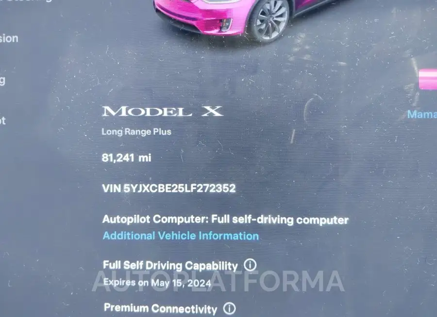 TESLA MODEL X 2020 vin 5YJXCBE25LF272352 from auto auction Iaai