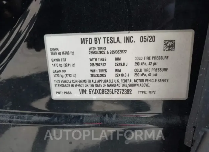 TESLA MODEL X 2020 vin 5YJXCBE25LF272352 from auto auction Iaai