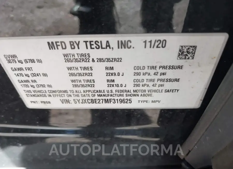 TESLA MODEL X 2021 vin 5YJXCBE27MF319625 from auto auction Iaai