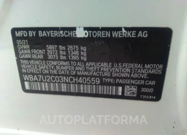 BMW 750I 2022 vin WBA7U2C03NCH40559 from auto auction Iaai