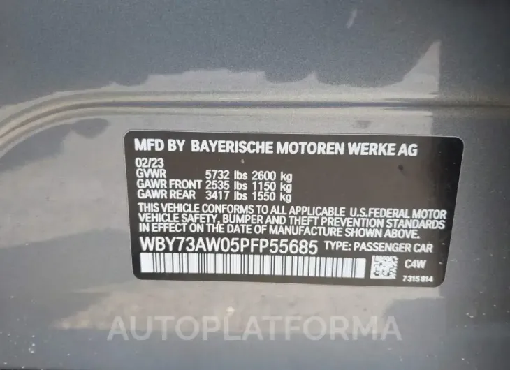 BMW I4 2023 vin WBY73AW05PFP55685 from auto auction Iaai