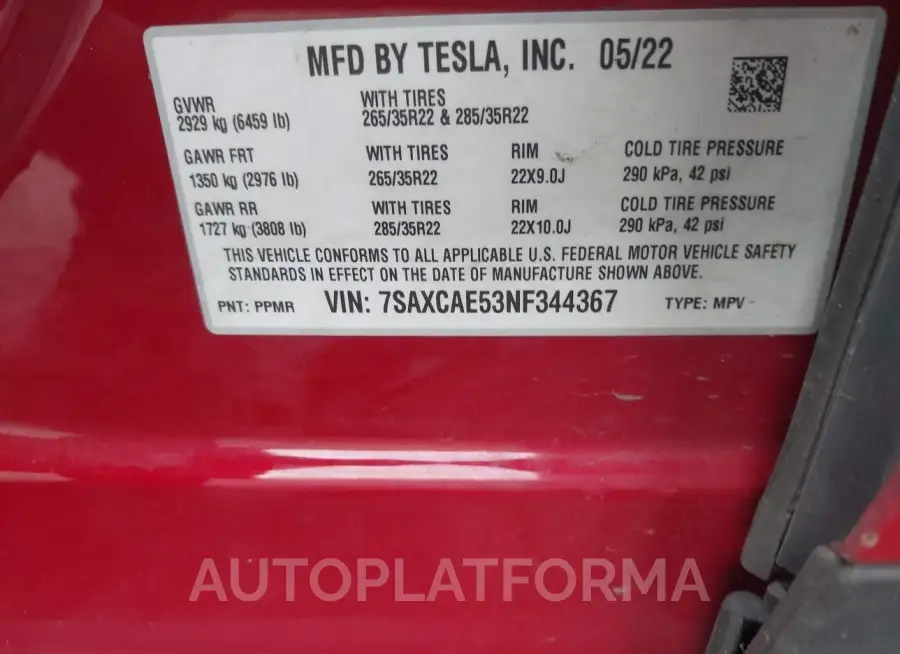 TESLA MODEL X 2022 vin 7SAXCAE53NF344367 from auto auction Iaai