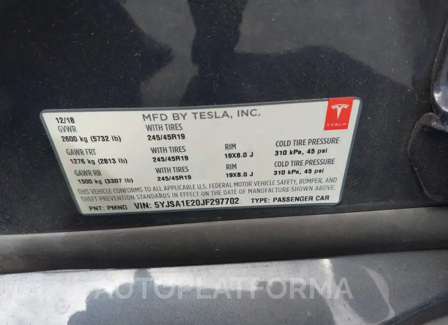 TESLA MODEL S 2018 vin 5YJSA1E20JF297702 from auto auction Iaai